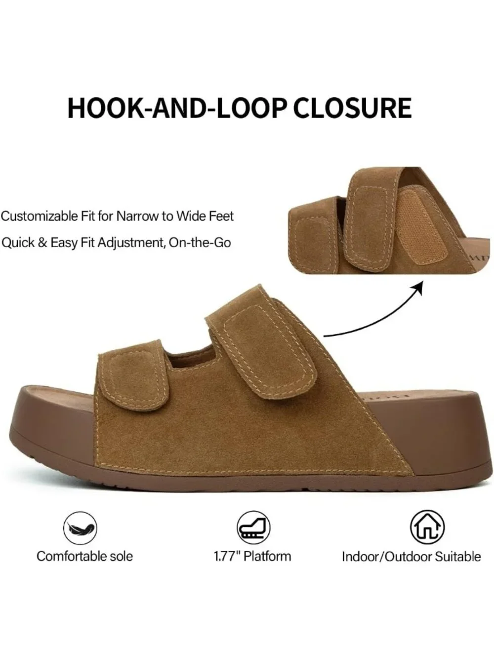 Womens Brown Genuine Leather Slip on Beach Slide Buckle Platform Sandal Shoes